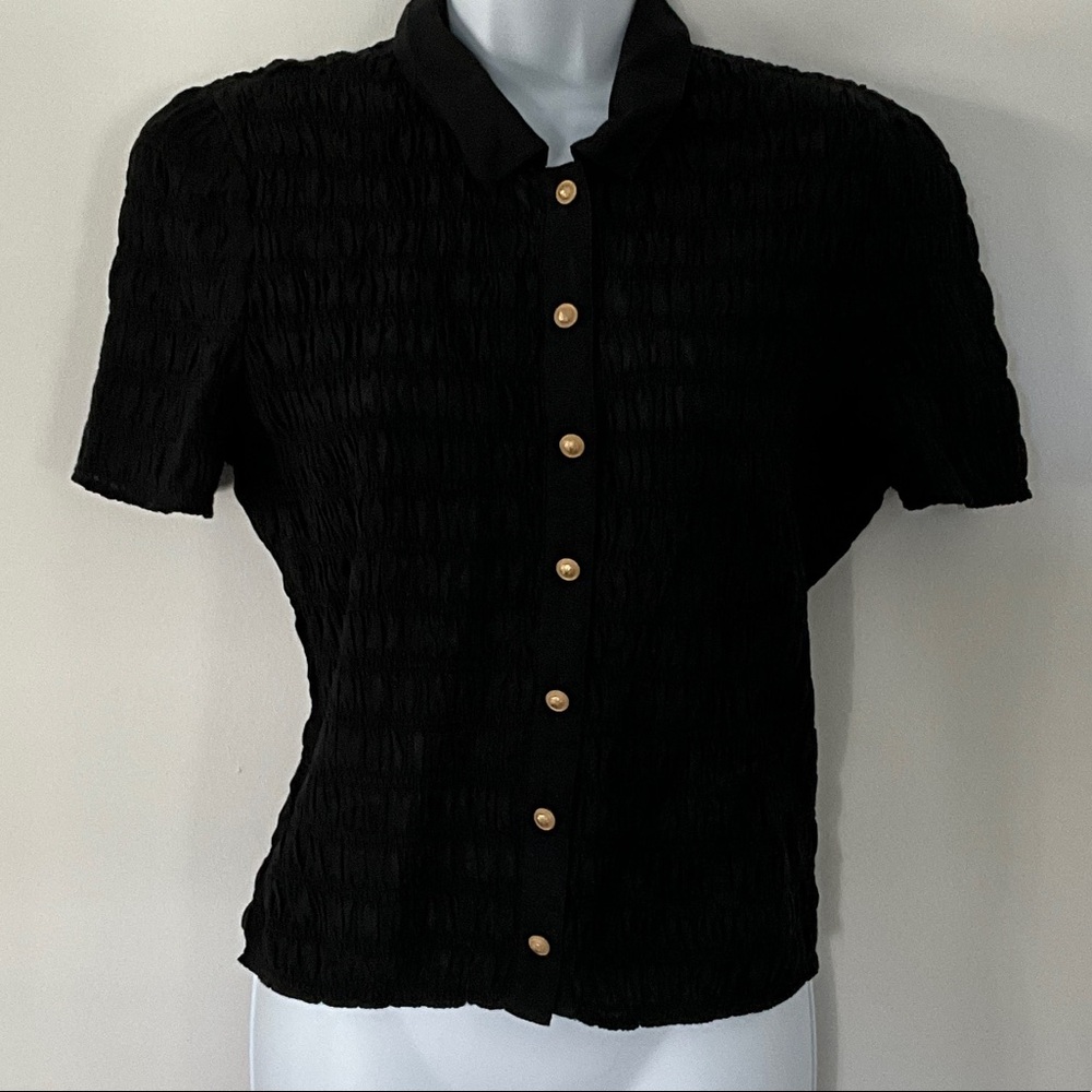 J. Crew Black Crinkle Button-Down Shirt with Gold Accents